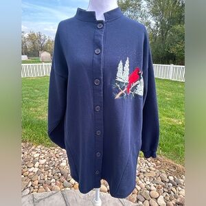 Vintage 90s navy sweatshirt cardigan winter red bird cardinal trees snow USA XL